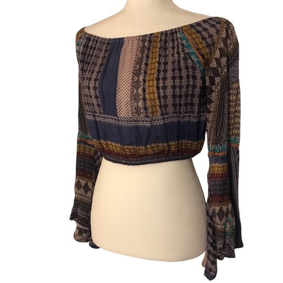 Raga Crop Top Long Bell Sleeves Elastic Neck & Hem Aztec Print Size S - Picture 2 of 8